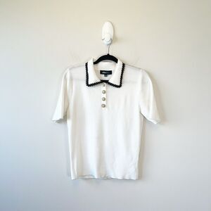 Alice Blue Short Sleeve Stretch Knit Polo Shirt Lace Trim Collar White Size M/L